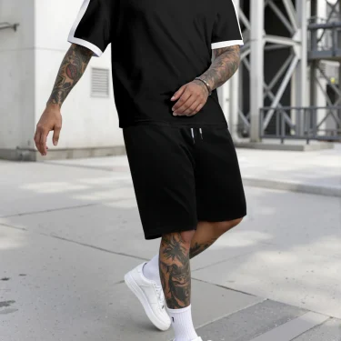 Short Sleeve Shorts Set, White t-shirt and Black Drawstring Shorts Sets, Men's Set 4