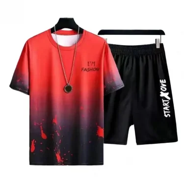 Gradient Color Letter Printed Men's Tracksuit Summer T Shirts And Shorts Two Piece Sets Casual Breathable Round Neck Sports Suit 3