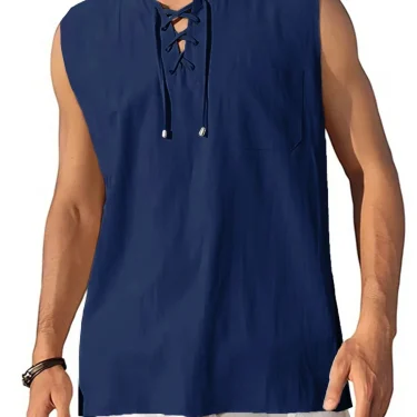 Men's Lightweight Tank Tops Sleeveless BreathableT-Shirt Lace-up Design Solid Color Shirt Loose Fit Vest Daily Vest Men Clothing 3