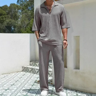 2025 spring and summer new hot selling men's casual silky fabric shirt solid color half sleeve trousers two-piece set 4