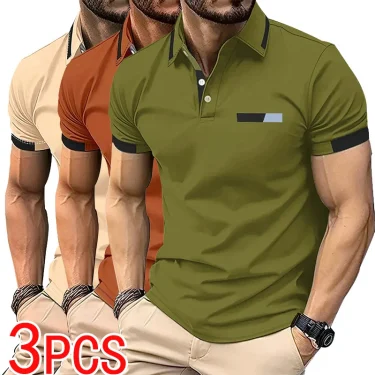 Summer Men's Short Sleeved 3-piece Set with a Lapel Polo Shirt Men's Casual Golf Top Polo Shirt with Elasticity and Comfort 1