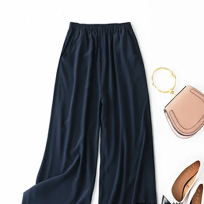 Birdtree Summer 100% Silk Crepe Dechine Pants Women Wide Leg Casual Trousers Solid Elastic Waist Cropped Pant New 2023 B35852C 2