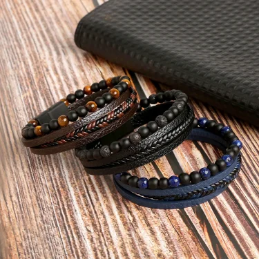 Hot Fashion Beads Leather Bracelet Men Classic Tiger Eye Beaded Multi Layer Leather Bracelet For Men Jewelry 2023 Gift 6