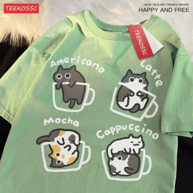 Cat Coffee Pure Cotton Trendy Summer Loose Short Sleeved T-shirt Men Women Original Mocha Latte Cat Three Flowers Fun Cat Tees 3