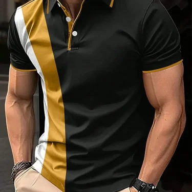 Men Polo T-Shirt Button Up Polos Casual Sports Lapel Short Sleeve Fashion Basic Color Block Patchwork Summer Men's Clothing 1