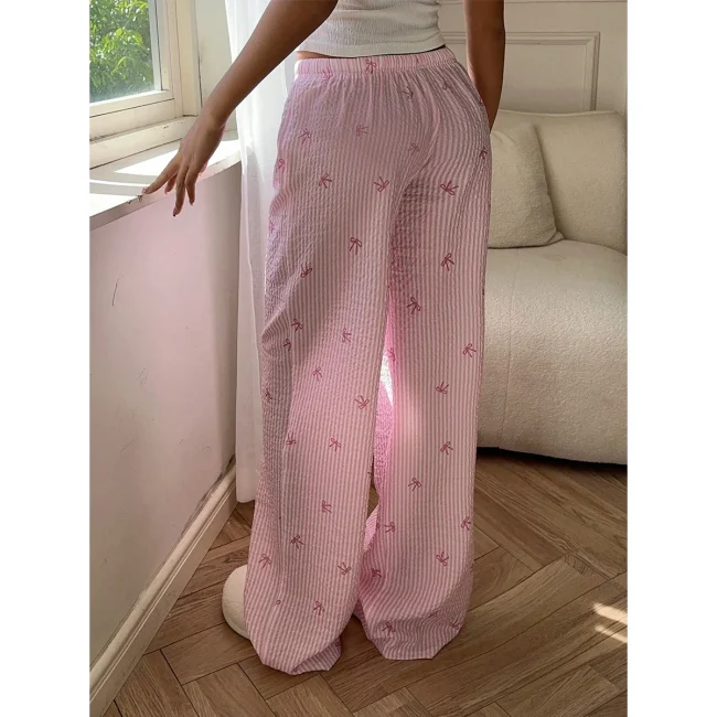 2025 Women Sweet Bow Striped Pants Casual Loose Elastic Waist Wide Leg Drawstring Long Trousers Summer Streetwear 5