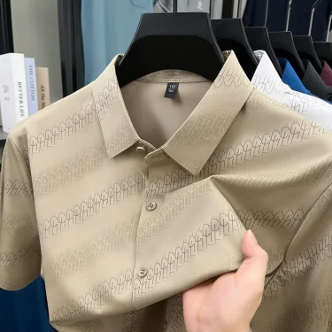 Ice Silk Cool Short Sleeved Shirt for Men in Summer, Thin Elastic Shirt with Diagonal Stripes, Casual Men's Half Sleeved Shirt 1