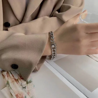 Kpop Stainless Steel Metal Chains Bracelets For Women Men Punk Sliver Cuban Link Chain Wristband Bracelet Classic Charms Jewelry 6
