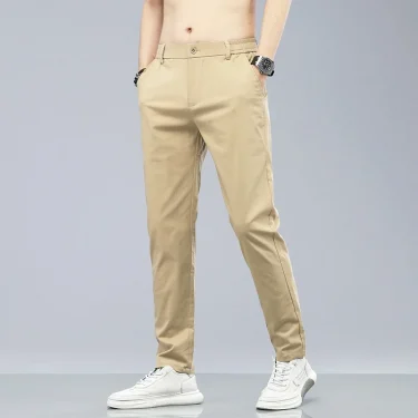 Spring Summer Cotton Men Casual Pants Elastic Waist Business Korean Fashion Straight Classic Solid Color Trousers Black Khaki 5