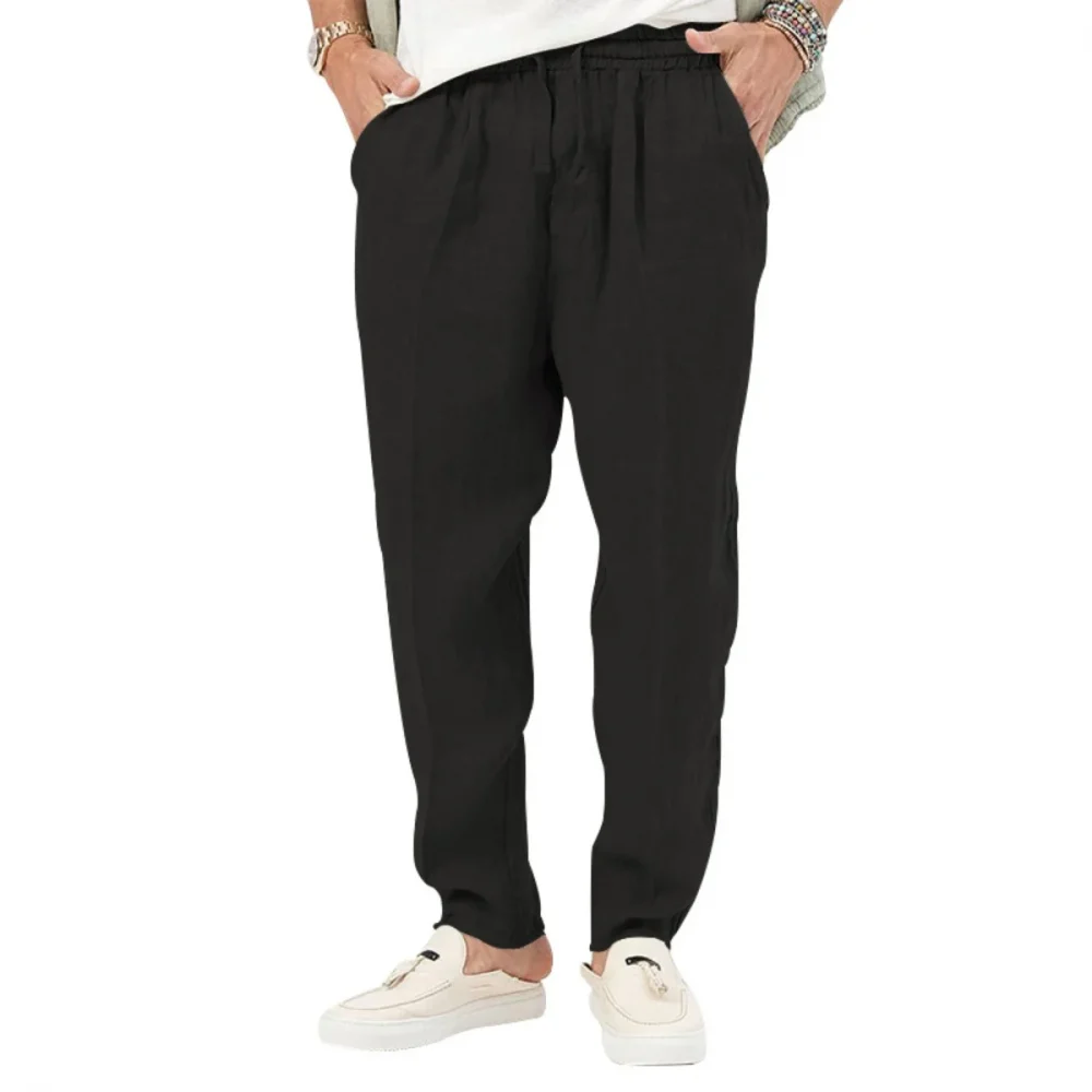 Men's Summer New Style Casual Cotton-Linen Long Pants Fashionably Loose-Fitting Straight Leg with Elastic Waist Outdoor Sports P 5