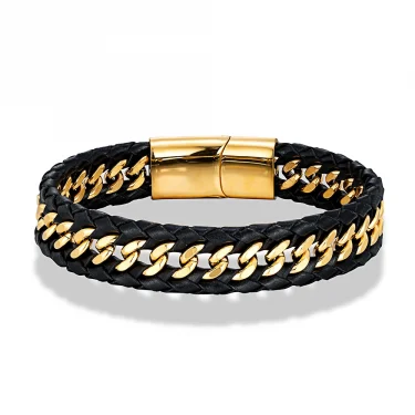 MKENDN Punk Men Braided Woven Black Leather Bracelets Black Stainless Steel Bangle for Friend Charm Fashion Jewelry Gifts 6