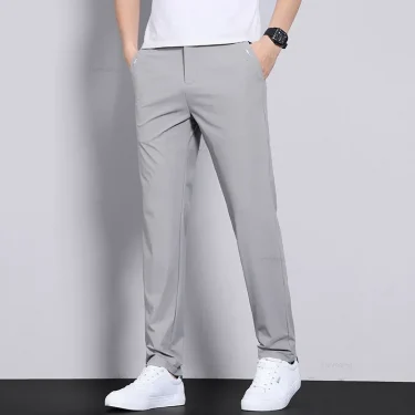 Ultra-thin Elastic Men's Casual Trousers Summer Quick-drying Ice Silk Slim Straight Business Solid Color Trousers Black Gray 2