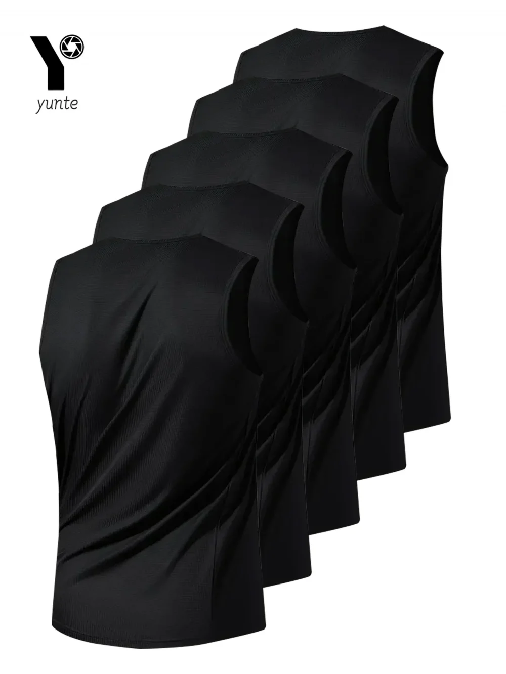 Men's Sports Vest Black 5-Piece Breathable Round Neck Slightly Elastic Fabric Pure Color Suitable for Spring, Summer and Autum R 2