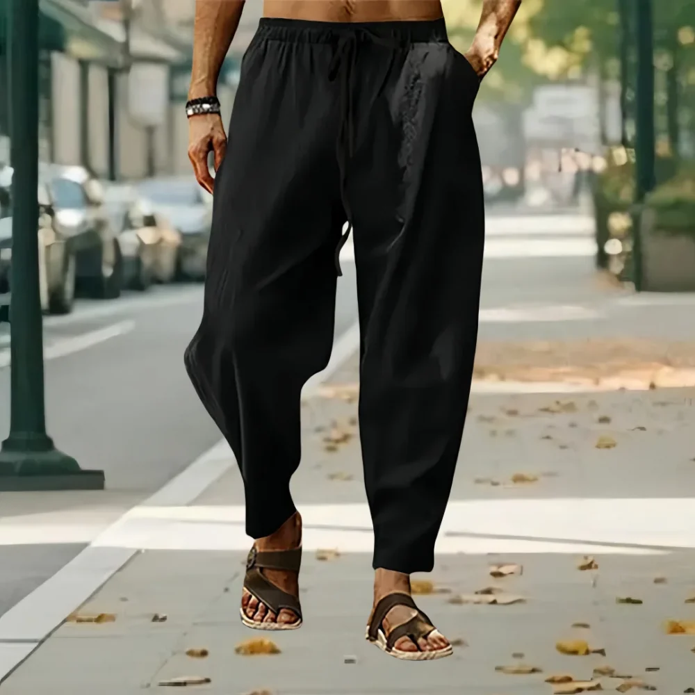New Men Cotton Linen Pants Summer and Autumn Solid High Waist Wide-Leg Trousers Male Loose Hemp Casual Breathable Sports Pants 2