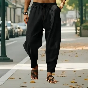 New Men Cotton Linen Pants Summer and Autumn Solid High Waist Wide-Leg Trousers Male Loose Hemp Casual Breathable Sports Pants 2