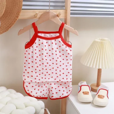 Summer Children Sling Shorts Set Fashion Flower Girls Kids Cotton Thin Breathable Pajamas Cute Cartoon Baby Toddler Home Clothes 5