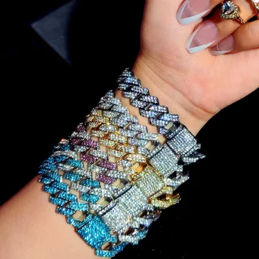 2024 NEW Hip Hop Men Link Bracelet 13/14MM Cuban Chain Iced Out 2 Row Rhinestone Paved Miami Rhombus Bracelet for Women Jewelry 5