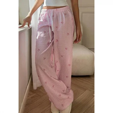 2025 Women Sweet Bow Striped Pants Casual Loose Elastic Waist Wide Leg Drawstring Long Trousers Summer Streetwear 1