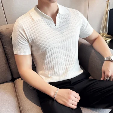 Men Striped Polo Shirt 2024 Summer Light Thin Breathable Solid Casual Elastic Slim Fit Short Sleeved V-neck T-shirt Men Clothing 2