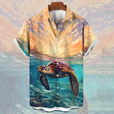 Turtle Print Short Sleeved Shirt Casual Design Harajuku men's Oversized Top Summer Fashion hip-hop Street men's Shirts 4