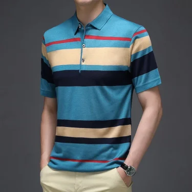 2024 Summer New Men's Knitted Stripe Short Sleeved POLO Shirt Comfortable and Cool Casual Fashion T-shirt 4