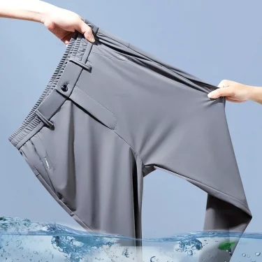 Ultra-thin Elastic Men's Casual Trousers Summer Quick-drying Ice Silk Slim Straight Business Solid Color Trousers Black Gray 1