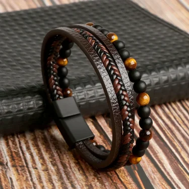 Hot Fashion Beads Leather Bracelet Men Classic Tiger Eye Beaded Multi Layer Leather Bracelet For Men Jewelry 2023 Gift 1