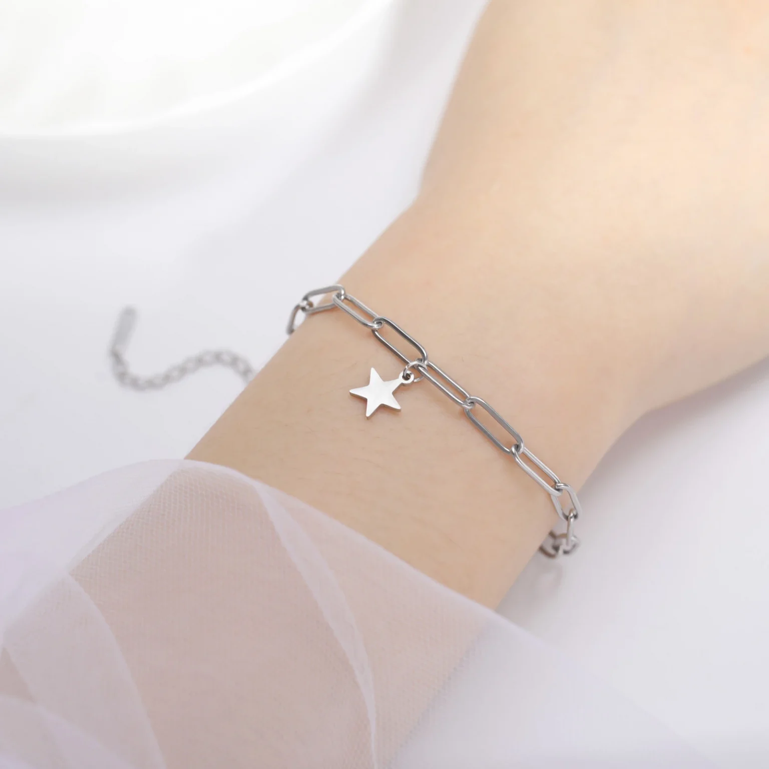 Amaxer Stainless Steel Bracelet For Women Man Pentagram Paper Clip Chain Pulseira Wedding Anniversary Jewelry Mother Gift 5