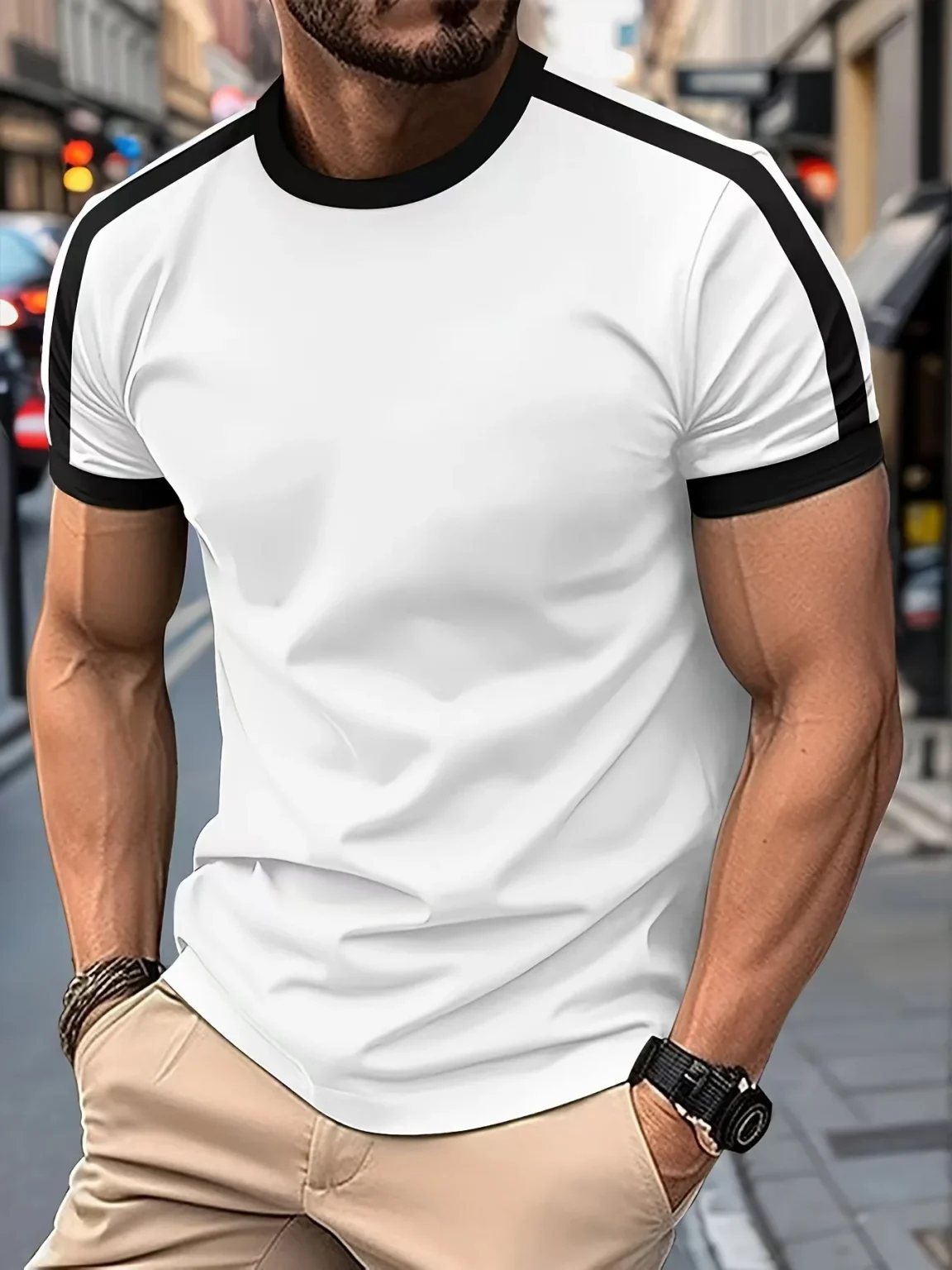 Men's Casual Short-Sleeved European and American Sports Fitness Contrasting Color Men's T-Shirt 1