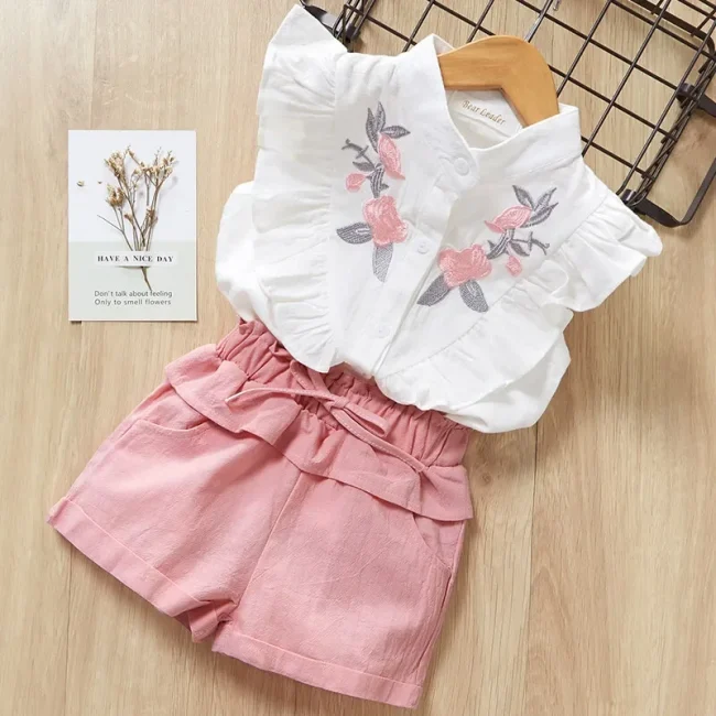 Girls Clothes Summer Flying Sleeved Round Neck Top+bow Solid Color Shorts 2-piece Set Pure Cotton Embroidered Flower Shirt Sets 3