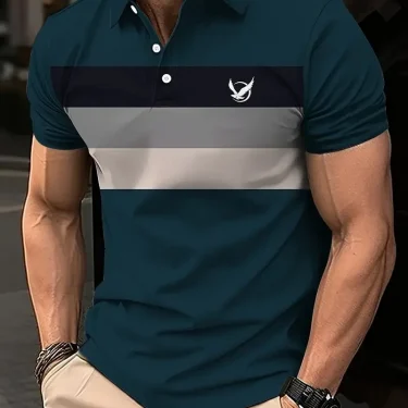Men's bird pattern 3D print contrasting button up shirt with casual sports suitable for outdoor short sleeved striped polo shirt 3