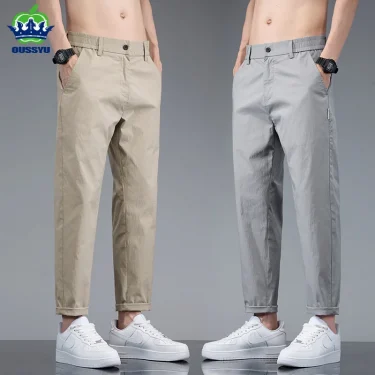 Summer Cotton Blend Ankle Length Pants Men Thin Elastic Waist Korean Casual Slim Jogger Classic Khaki Trousers Male Plus Size 40 1