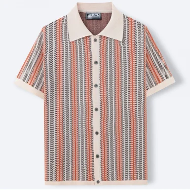 Summer New Men's Striped Jacquard Knitted Short-Sleeved Polo Shirt Contrast Color Casual Fashion Trend Simple Loose Men's Tops 4