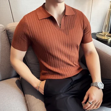 Men Striped Polo Shirt 2024 Summer Light Thin Breathable Solid Casual Elastic Slim Fit Short Sleeved V-neck T-shirt Men Clothing 6
