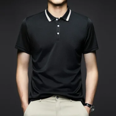 Men's Fashion Solid Short Sleeved Striped Lapel Polo Shirt Summer Breathable Comfortable Top 2