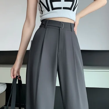 New Spring Summer Loose Wide Leg Pants Women Elegant Pleated High Waist Draped Straight Long Trousers Female Office Suit Pants 1