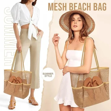 Beach Nylon Mesh Tote Bag, Casual Tote Bag Women Foldable Shoulder Bag For Beach Picnic Vacation 5