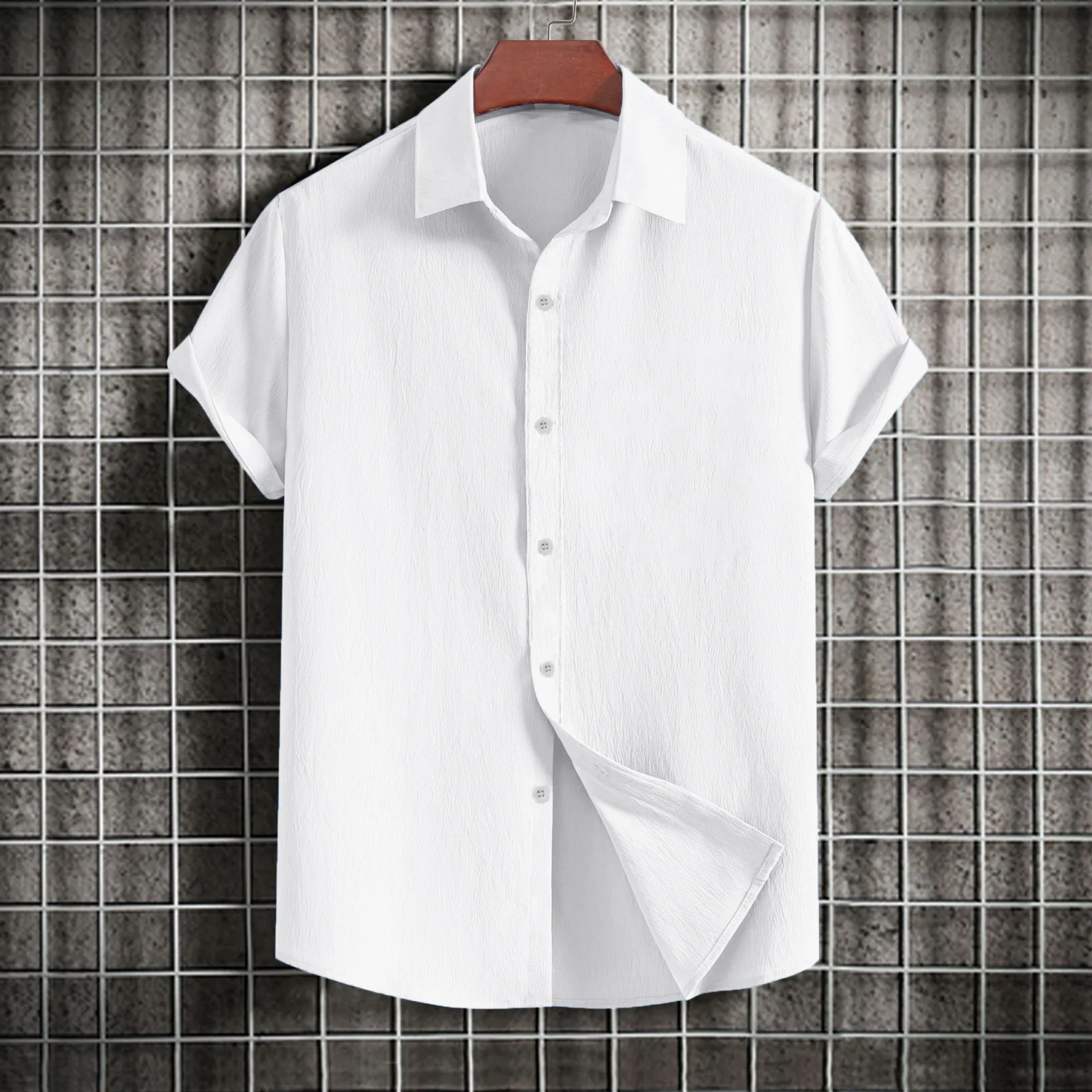 Men's casual short-sleeved solid color lapel shirt 4