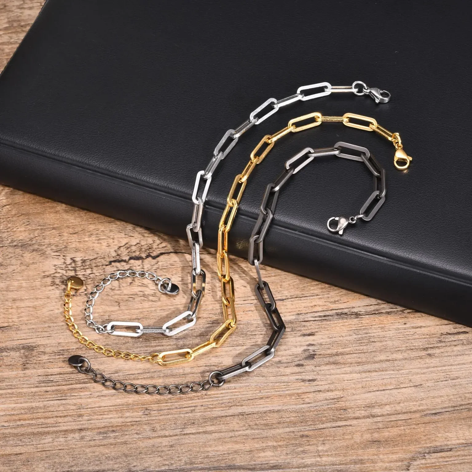 Vnox Unisex 5mm Rectangular Link Chain Bracelets, Adjustable Black Paperclip Chain Wristband Jewelry Gift for Men Women 6