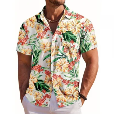 Men's Short Sleeve Shirt Hawaiian Botanical Flower Print Lapel Seaside Button-Down Shirt Top Casual Fashionable Shirts 4