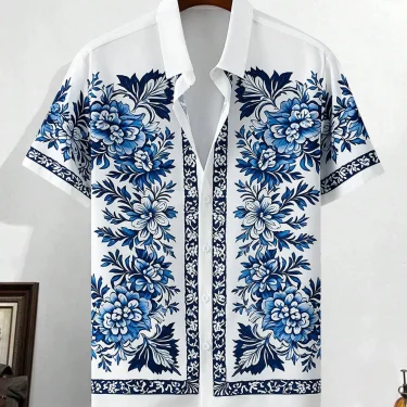 Men'S Summer Printed Vacation Shirt T-Shirt Loose Casual Button Cardigan Fashionable And Handsome Half Sleeved Men'S Top 2