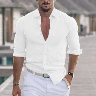 Spring Autumn Men's Quality Shirt Pure Cotton Single Breasted Hawaii Vacation Casual Loose Solid Color Lapel Long Sleeve Tops 3