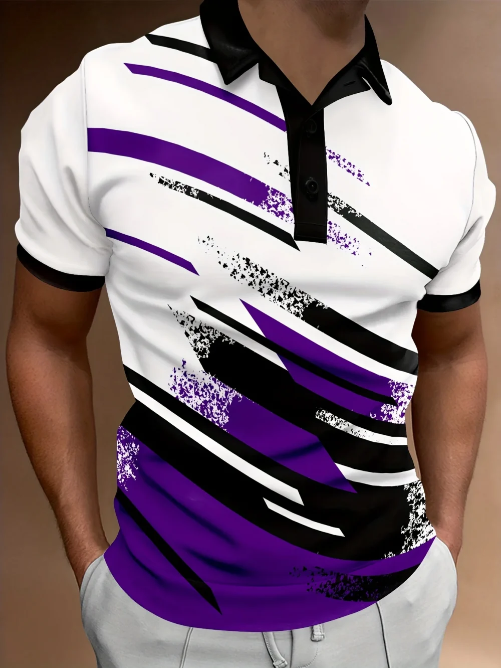 Men'S Summer Fashion Polo Shirt, Casual Geometric Stripe Pattern, Short Sleeve,Knit Polyester Fabric,Button Placket, 2