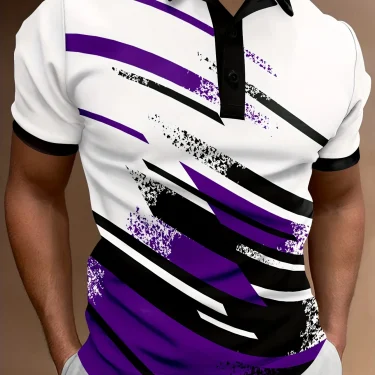 Men'S Summer Fashion Polo Shirt, Casual Geometric Stripe Pattern, Short Sleeve,Knit Polyester Fabric,Button Placket, 2