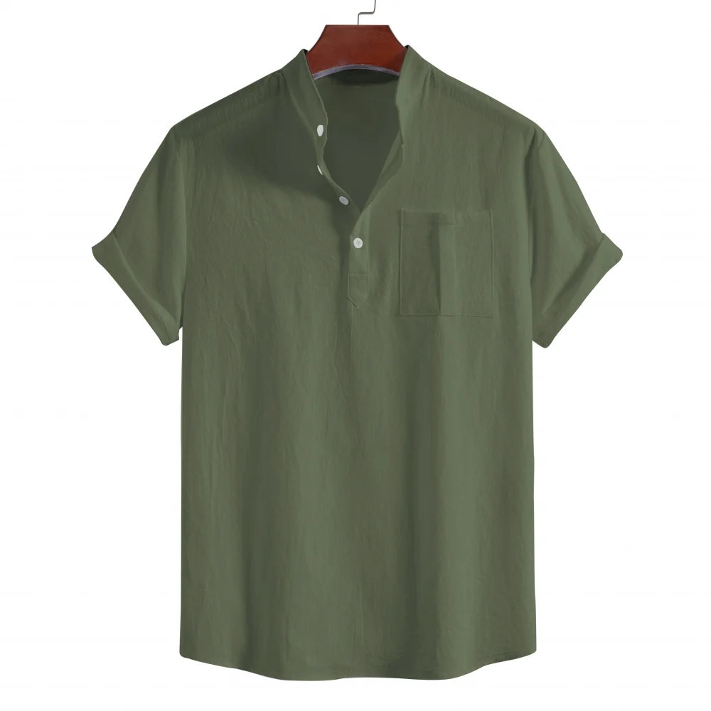 Men's summer pure cotton casual short-sleeved stand-up collar shirt, four-button solid color pullover for men 5