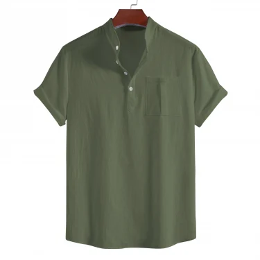 Men's summer pure cotton casual short-sleeved stand-up collar shirt, four-button solid color pullover for men 5