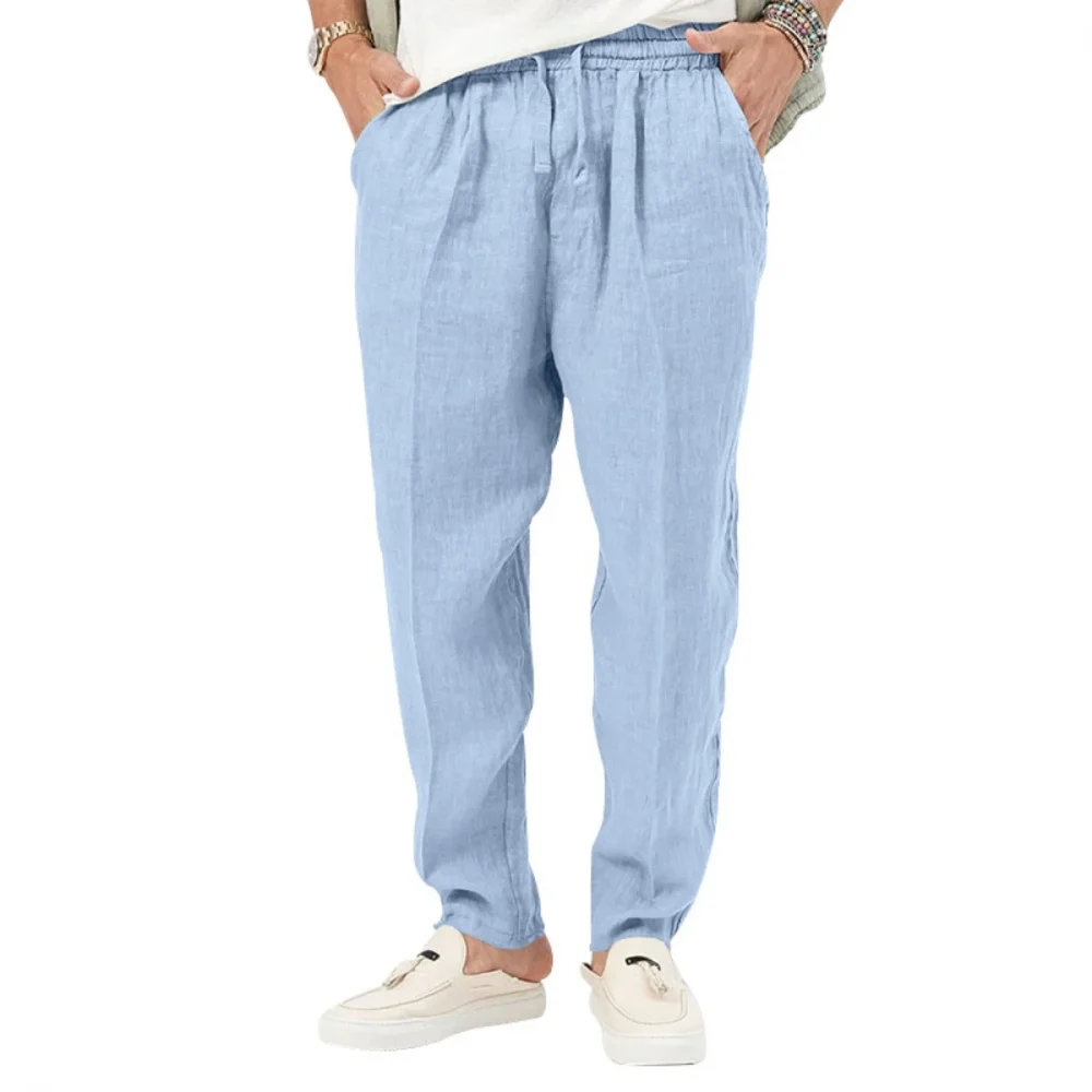 Men's Summer New Style Casual Cotton-Linen Long Pants Fashionably Loose-Fitting Straight Leg with Elastic Waist Outdoor Sports P 1