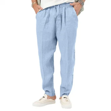 Men's Summer New Style Casual Cotton-Linen Long Pants Fashionably Loose-Fitting Straight Leg with Elastic Waist Outdoor Sports P 1