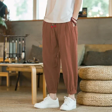 Men's Casual Solid Color Harem Pants Cotton and Linen Loose Oversize Beach Pants Jogger Sweatpants Male Wide Leg Trousers 2