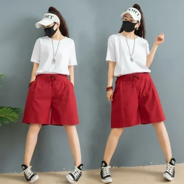 Summer Women's Cotton Linen Wide-leg Shorts Fashion Solid Joker Casual Elastic Waist Lace-up Short Pants Holiday Beach Shorts 4
